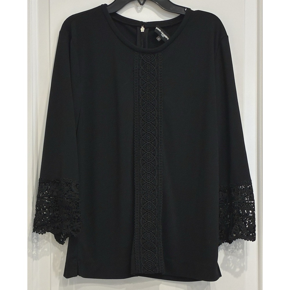 Karl Lagerfeld Paris Blouse Size S Black Lace Detail 3/4 Sleeve Career Preppy